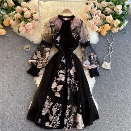 2021 New Spring Floral Embroidered Dresses Chinese Style Vintage High Waist Puff Sleeve Dress Lady Elegant Party Dress Vestido