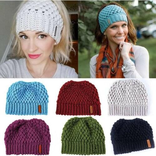 Women Girls Hat Messy High Bun Ponytail Beanie Stretch Knit Winter Warm Hole Cap Hot