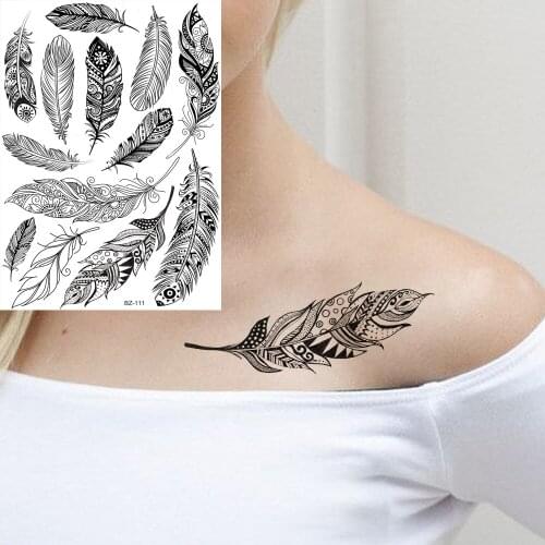 YURAN Black Tribal Feather Leaves Indian Tattoos Women Waterproof Fake Chest Arm Tattoos Temporary Body Art Custom Tatoos Decals