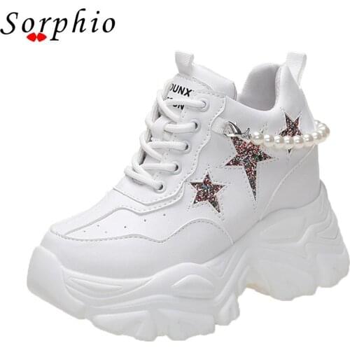 Female Flats womens Sneakers Pearl Chain Lace Up Round Toe Chunky Heel Shoes For Women 2021 Footwear Autumn Internal Increase