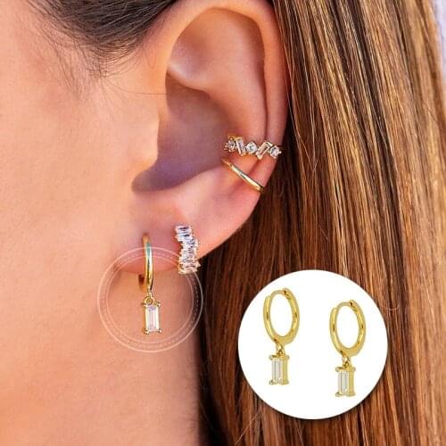 DAIWUJAN Real 925 Sterling Silver Hoop Earrings for Women Minimalist Clear/Black Square Zircon Circle Earring pendientes Jewelry