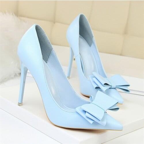 2021 Sweet Ladies Yellow Blue Pink High Heels Pumps Women Butterfly Knots Escarpin Stiletto Wedding Party Shoes Tacones Mujer