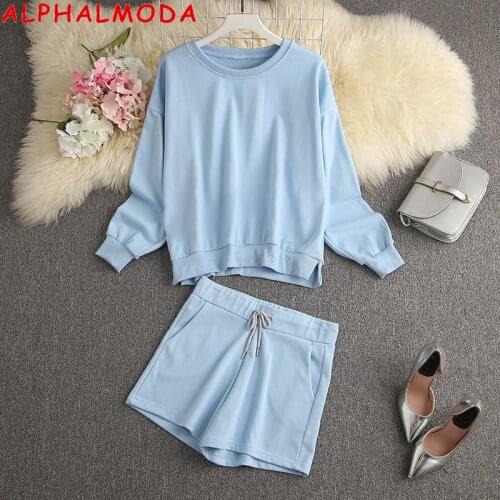 ALPHALMODA 2021 Autumn New Long-sleeved Sweatshirt + High Waist Shorts Women Casual 2pcs Clothes Set Solid Color Leasure Suit
