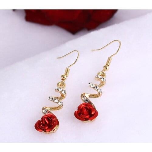 2021 Korean Fashion Women Spiral Rose Flower Dangle Earring Exquisite Rhinestone Women Gold Plated for Women Nightclub Jewelry