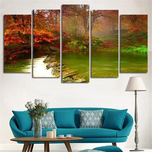 5 Panel Unframed Wall Art Painting Autumn Waterflow Canvas Art Pictures Home Decoration Print Posters Paints For Living Room