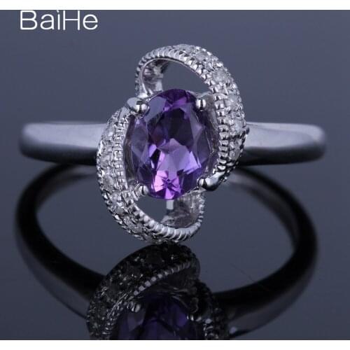 BAIHE Sterling Silver 925 0.8ct Flawless Oval Genuine Amethyst Engagement Women Office/career Fine Jewelry Amethyst Ring