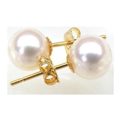 Free shipping>>>>noble jewelry TOP 8MM AAA+++ GRADE PERFECT ROUND WHITE AKOYA PEARLS EARRING 14K SOLID GOLD