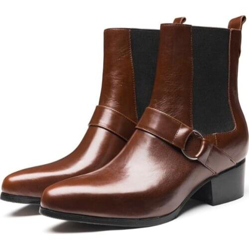 Autumn Winter Genuine Leather Chelsea Ankle Boots Men High Heels Brown Black Warm Snow Boots Business Dress Office Work Boots