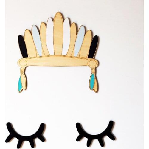 Ins Nordic 1Pcs Wooden Indian Feather Crown and 1Pair Wooden Eyelash Kids Room Wall Decorations Christmas Photography Props Gift