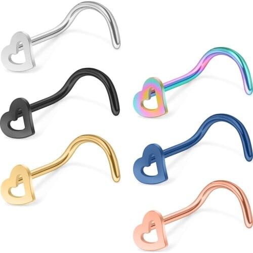JFORYOU 20G 18G Surgical Steel Heart Nose Stud Rings Screw Bend Piercing Jewelry 3-6PCS wholesale jewelry lots