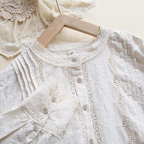 Lamtrip Lolita Ruffles Pleated Flowers Embroidery Lace Patchwork Cotton Long Sleeve Shirt Blouse Mori Girl Fairy