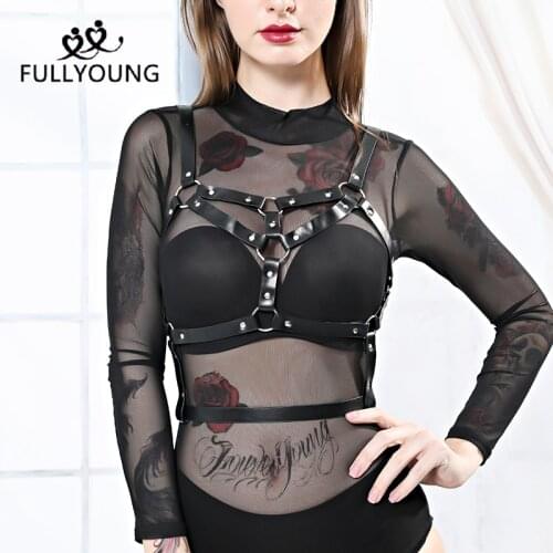 Fullyoung Sexy Women PU Leather Harness Belts Bra Suspender Leg Straps Party Dance Bondage Body Wear Gothic Stockings Crop Top