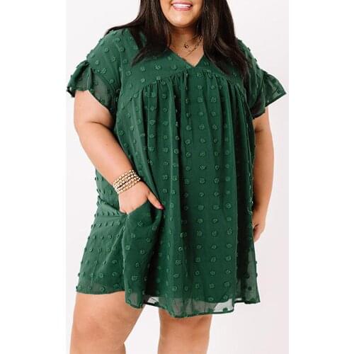 Green Plus Size V Neck Ruffle Dot Mini Dress with Pocket Women Casual V Neck Short Sleeve A Line Big Size XL-5XL Dresses