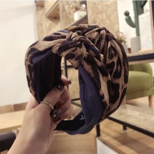 Boutique womans fabric hair accessories simple leopard print solid color contrast color knotted wide-brimmed hairband headband