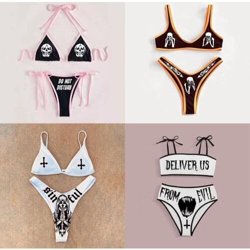 Women Gothic Letters Print 2Pcs Bikini Suits Deep V-neck Detachable Breast Pad Sling Tops with Triangle Bottoms Swimsuits 2021