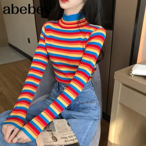 Winter Rainbow Knitted Women Sweaters And Long Sleeve Casual O-Neck Pullovers Sueter Mujer Tops Striped Turtleneck Jumper