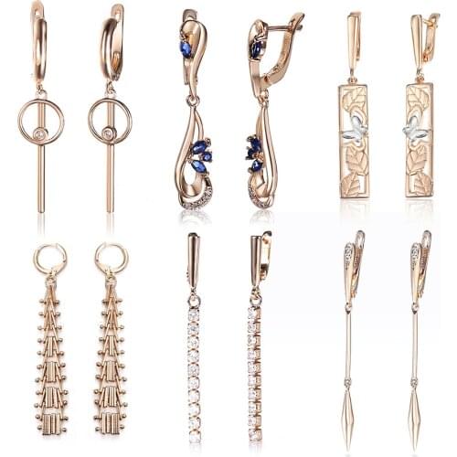6 Styles Long Drop Earrings for Women Girls 585 Rose Gold Leaf Butterfly Dangle CZ Earrings Party Wedding Jewelry Gifts GE270A