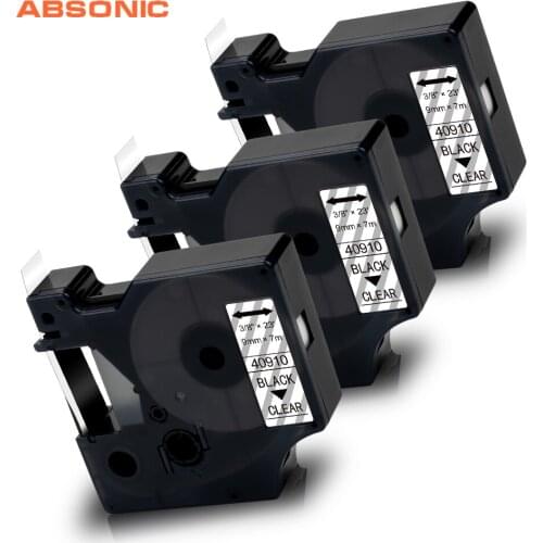 Absonic 3PK 40910 Black on Clear 9mm Tape Cartridge for Dymo D1 Printer Ribbon for Dymo Manager 160 210D 280 360D 420P Tag Print