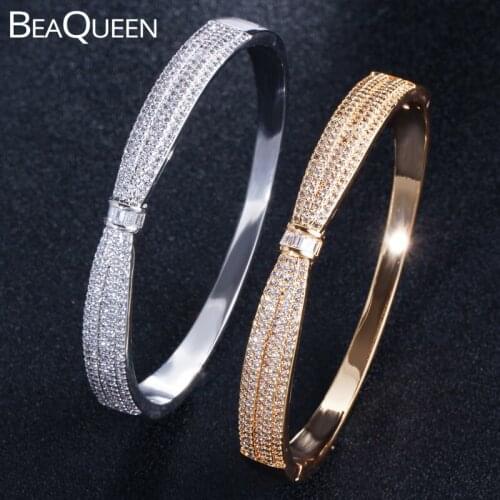 BeaQueen Luxury Yellow Gold Color Micro Pave Cubic Zirconia Bowknot Shape Round Open Cuff Bangles Women Arab Jewelry B143