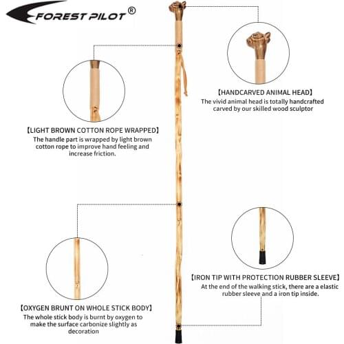 FOREST PILOT Wooden Walking Cane for Men and Women Handcrafted of Hardwood, Wooden Hiking stick, 118CM