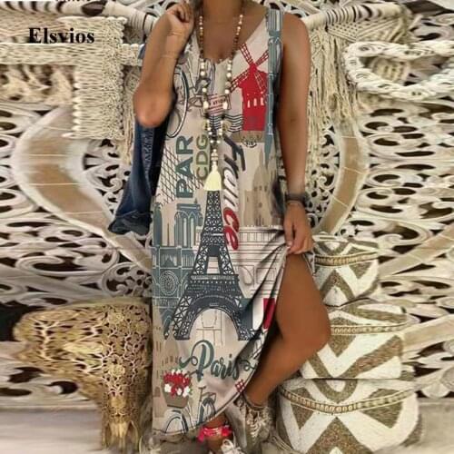 Elegant Summer V-Neck Party Dresses 2021 Casual Women Vest Sleeveless A-Line Maxi Dress Lady Fashion Vintage Printed Long Dress