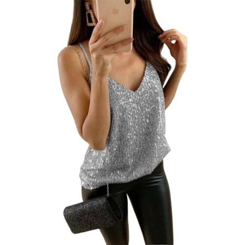 Euroamerican Sexy Womens Tank Top Sequin Glitter Strappy Sexy Plus Size Ladies Sparkle Camis V-Neck Swing Vest Party Clubwear