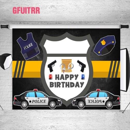GFUITRR Police Photo Backdrops Happy Birthday Photography Backgrounds Pistol Handcuffs Body Armor Decorations Black Photo Props
