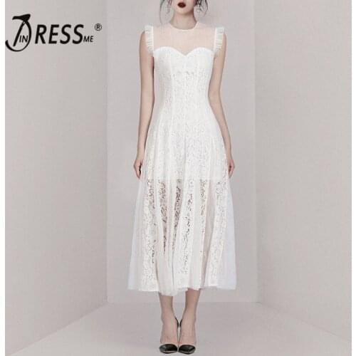 INDRESSME 2019 New Lace Mesh Sleeveless Ruffle Frill White Dress Lovely Party Midi Dress