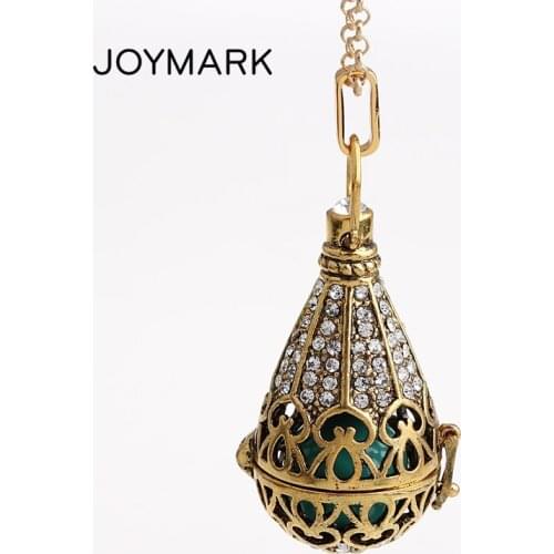 JOYMARK 5pcs/lot Rhinestone Pave Large Drop Shape Mexican Chime Magic Box Pendant Bola Harmony Pregnancy Belly Necklaces HCPN44