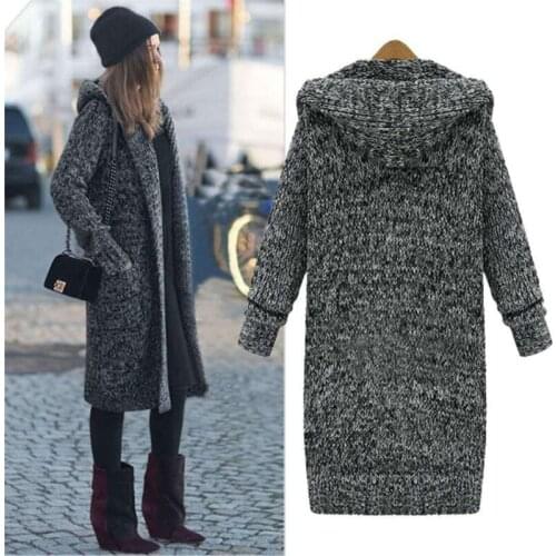 Womens Hooded Knitted Cardigans Winter Woman Sweater Coats Long Cardigan Casual Lady Single Breasted Hooded Sweater