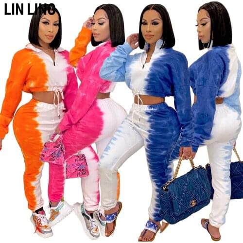 LINLING New Zipper Lapel Slim Fit Short Lace Up Navel Top + Pencil Pants Color Matching Tie Dyed Elastic Band Integrated Suit