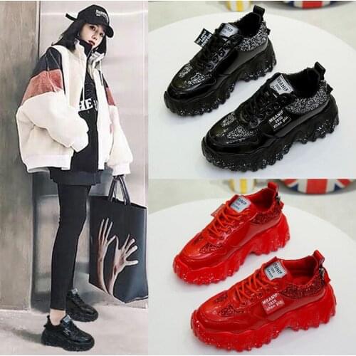 Patent Leather Glitter Chunky Sneakers Women Autumn 2020 Casual Lace Up Platform Shoes Woman Thick Sole Vulcanize Shoes