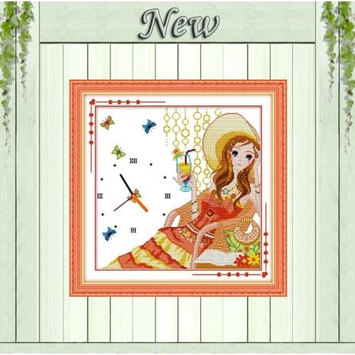 Summer tea beauty clock decor painting counted print on canvas DMC 14CT 11CT Chinese Cross Stitch Needlework Set Embroidery kits