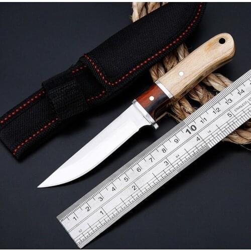 High Hardness Field Survival Multifunctional Hunting Outdoor Knife Portable Wooden Handle Small Straight Knife Good Gift for Men