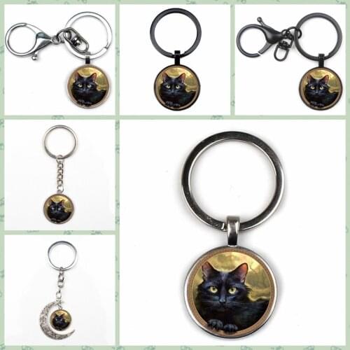Fashion Retro Personality Moon Black Cat Keychain Men and Women Temperament Keychain Quality Car Charm Bag Pendant Keychain Gift