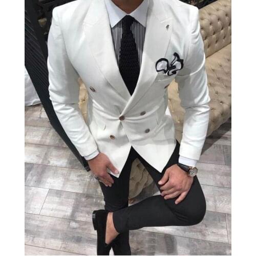 White Double Breasted Men Wedding Suits Slim Fit 2 Pieces Peaked Lapel Custom Groom Tuxedo Male Fashion Jacket with Black Pants