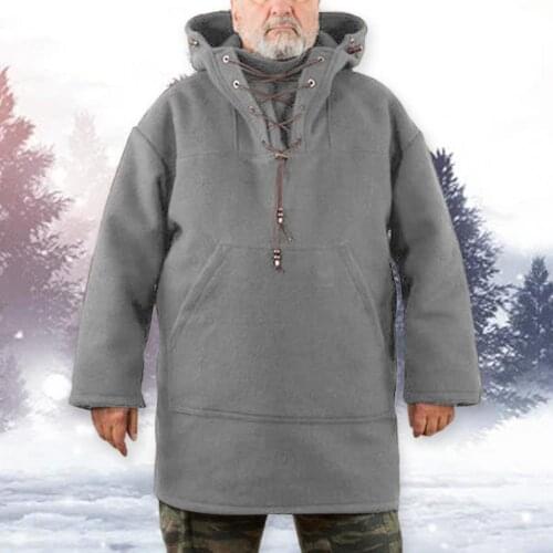 2021 New Autumn Solid Color Front Pockets Pullover Hoodie Woolen Lace Up Hooded Winter Men Sweatshirt Cosplay Costume Streetwear