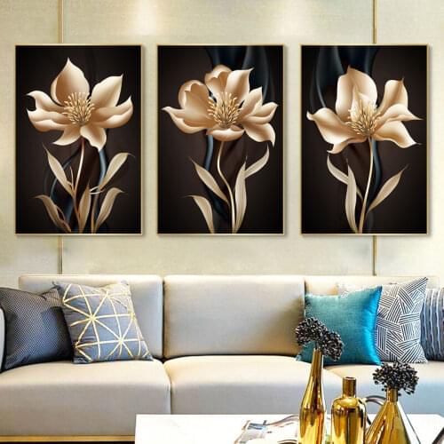 Abstract Black Golden Flower Wall Art Canvas Painting Nordic Posters and Prints Modern Wall Pictures for Living Room Home Decor