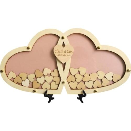 Personalized Multi Colors Rustic Drop Top Heart Wedding Guest Book Wooden Frame 45*23cm 100 Pcs 2.5cm Hand-Writing Wood heart