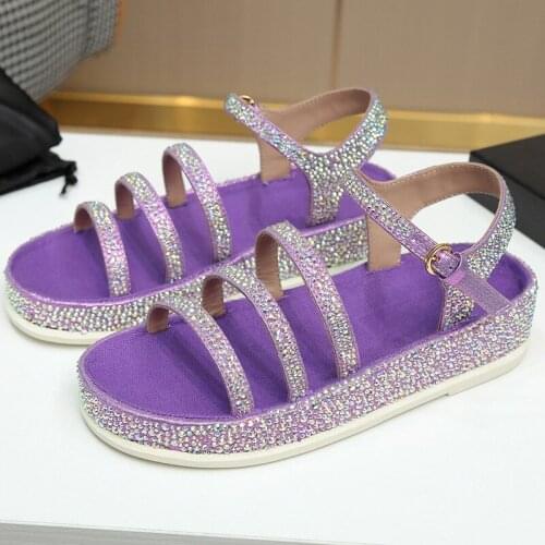 Diamond Woman Sandals Buckle Strap Shoes Women Flat Platform Sandals Solid Round Toe Lady Shoes Fashion Elegant Sandals Hot Sale