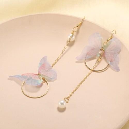 Korean Retro Asymmetric Butterfly Imitation Pearl Earrings Fashion Round Flower Brincos Long Statement Wings Earrings Jewelry