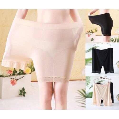 60~90KG Plus Big Size Woman Safety Shorts Ice Silk Brief with Lace Long Boxer Briefs High Waist Panties Boyshorts Pants