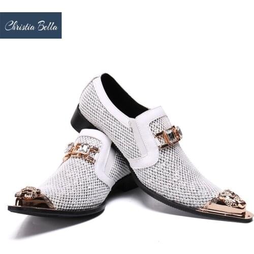 Christia Bella Classic Bullock Carved Pointed Toe Male Party Shoes White Fashion Grid Genuine Leather Crystal Mens Prom Shoes