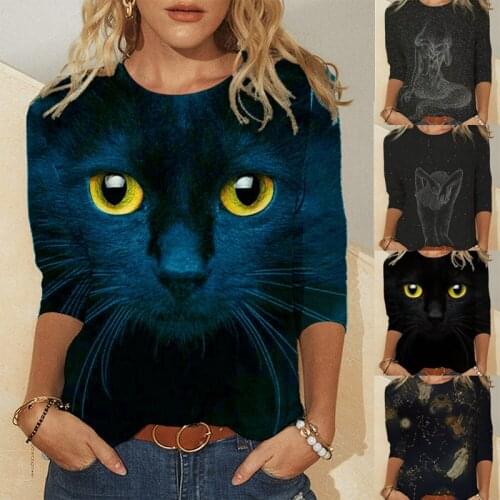Cute Cat Printing Womens T-Shirt Plus Size Tops Spring Autumn Long Sleeved Casual Women Clothes O-Neck Streetwear Ladies Tee