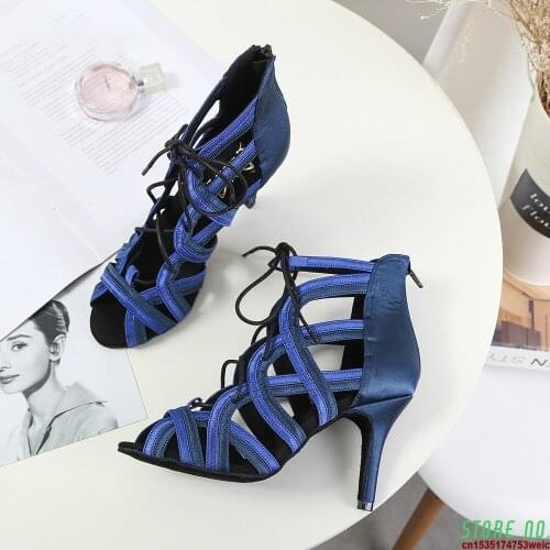 Women Ballroom Latin Dance Boots Lady`s Salsa Professional Dancing Shoes Lace-up Social Danc Sandals Multiple Heel Height S014