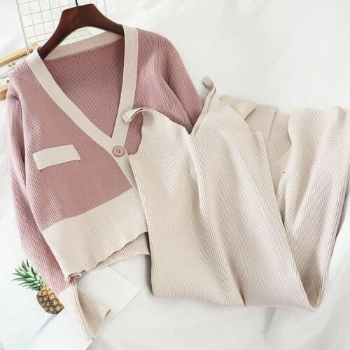 Korean Suit Women 2020 Autumn simple Suit color matching short knit Sweater + sling mid-length back split Dress two-piece Female