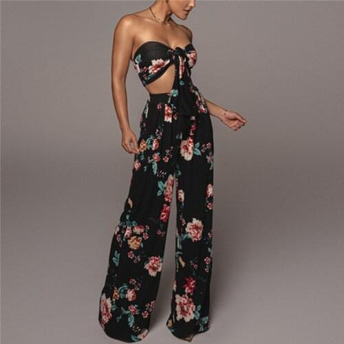 2021 Women Two Piece Outfit Beach Style Floral Belt Off Shoulder Crop Tops High Waist Wide Leg Pants Summer Casual Set