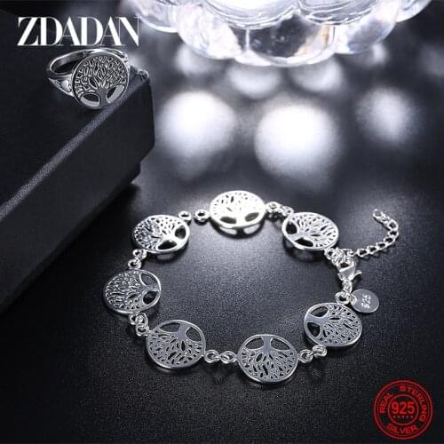 ZDADAN 925 Silver Tree Of Life Chain Bracelet Ring Set For Women Fashion Jewelry Gifts
