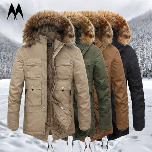 Winter Fleece Parka Coat Men Thick Fur Collar Coats 2021 Fashion Mid Length Outwear Multi Pocket Warm Parkas Mens Clothing