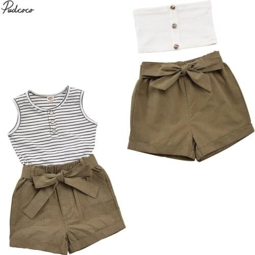 2020 1-4Y Green 2pcs Toddler Kids Baby Girl Clothes Striped print Tank Crop Top/White Tube+Bow Shorts Pants Outfits Set